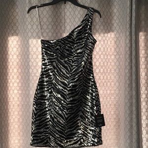 Lulu’s Wild Black Sequin Animal Print One Shoulder Mini Dress